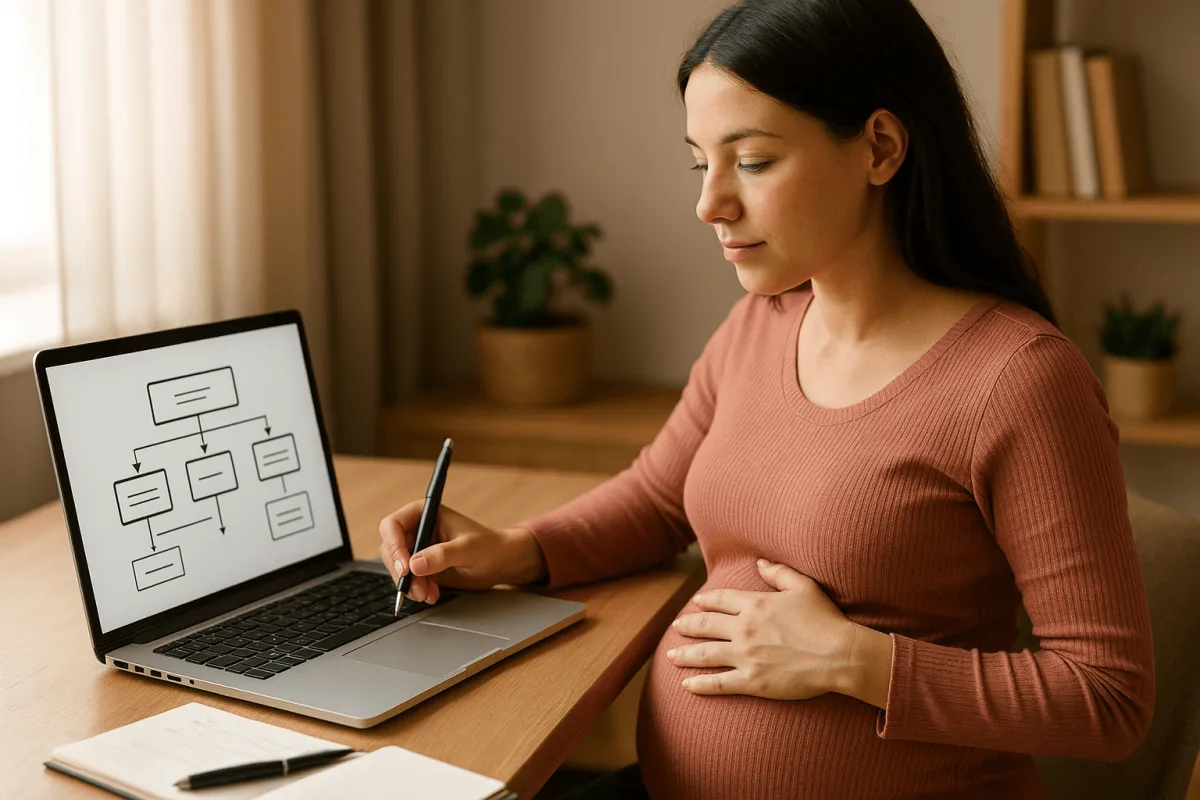 zwangere vrouw die overdrachtsplan maakt op laptop voor verlof werkplek