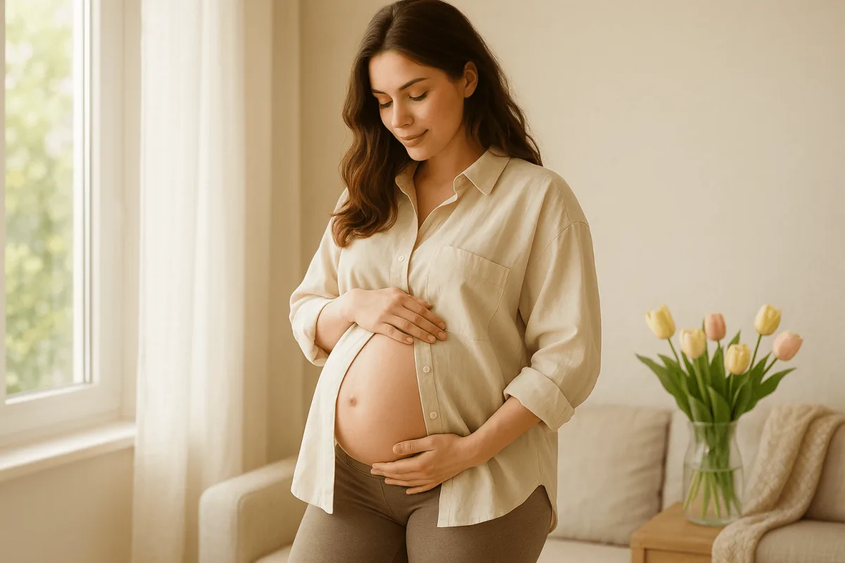 zwangere vrouw in oversized blouse en zwangerschapslegging lente outfit thuis