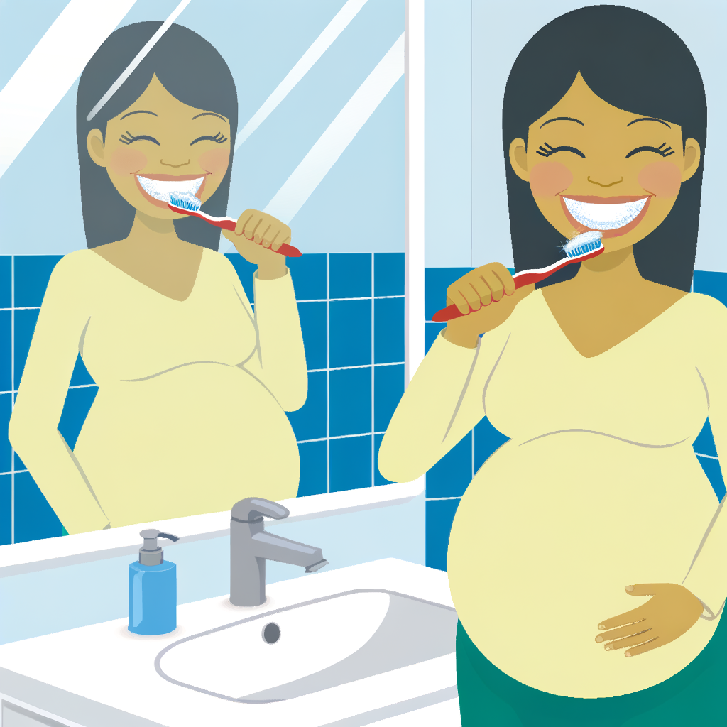 zwangere vrouw poetst tanden voor badkamerspiegel met gezonde glimlach