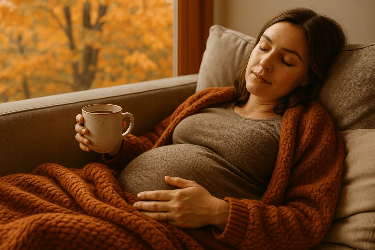 zwangere vrouw die rust op de bank met warme deken in herfst