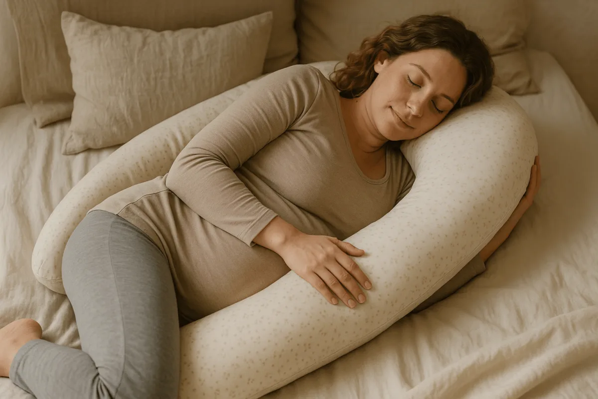 zwangere vrouw rustend met voedingskussen zwangerschap borstvoeding op bed