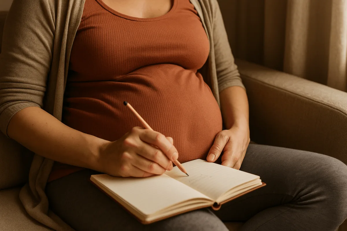 zwangere vrouw schrijft tijden weeën op in notitieboekje