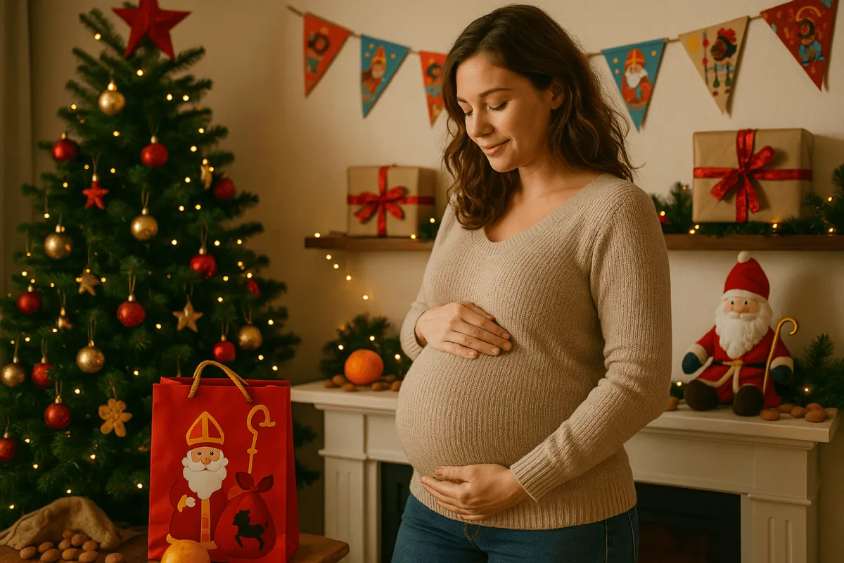 zwangere vrouw bij Sinterklaas decoraties thuis feestelijk ingericht