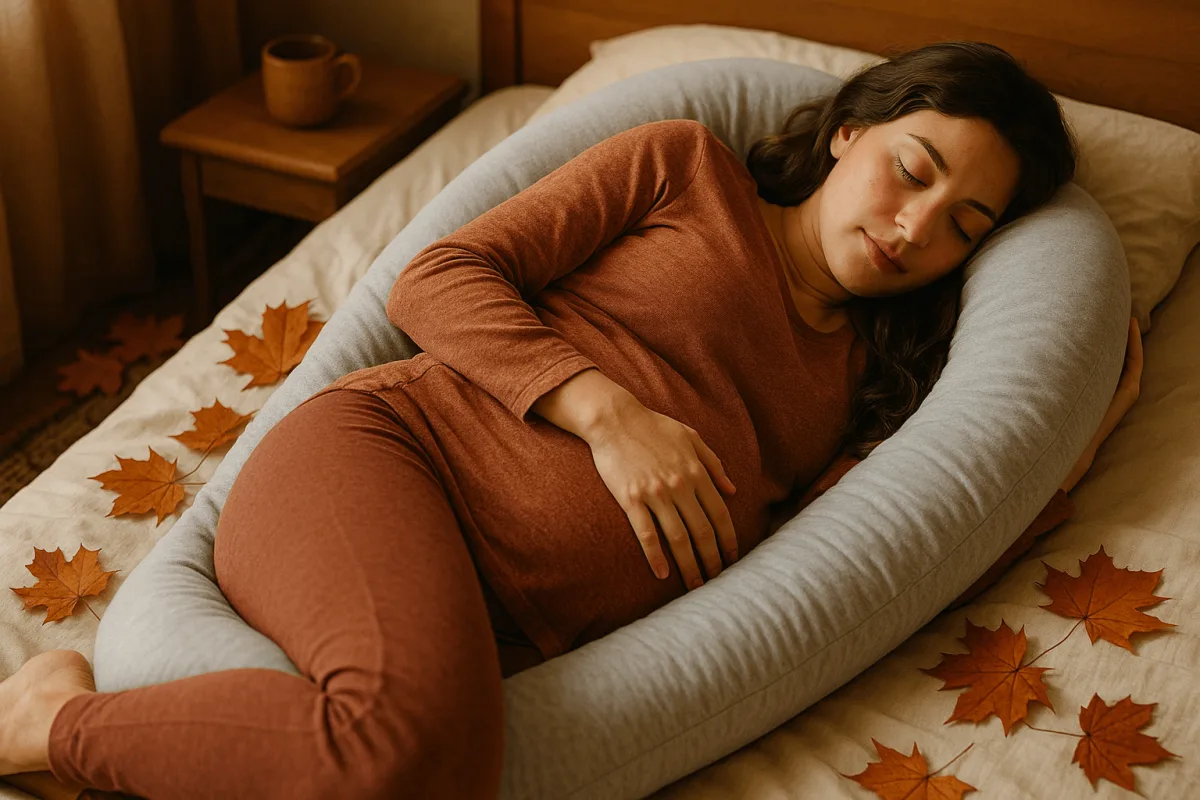 zwangere vrouw slaapt comfortabel zijligging met zwangerschapskussen herfst