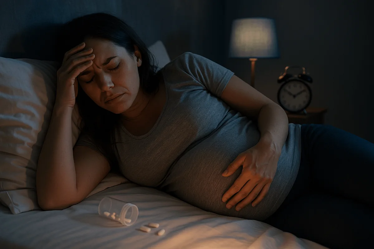 zwangere vrouw die slecht slaapt in bed tijdens zwangerschap helpt tips