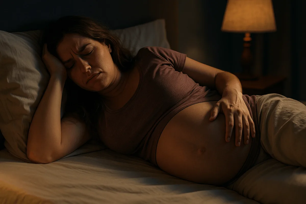 zwangere vrouw slecht slapend in bed late zwangerschap nacht