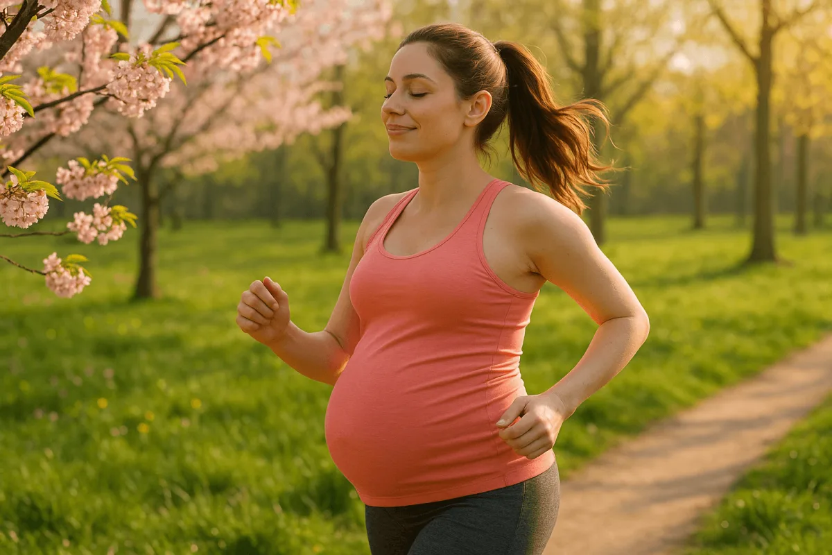 zwangere vrouw in sportkleding tijdens lenteactiviteit buiten in park