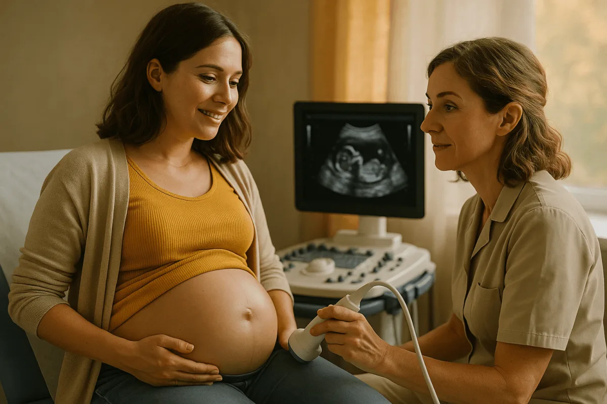 zwangere vrouw bij verloskundige voor echoscopie controle september