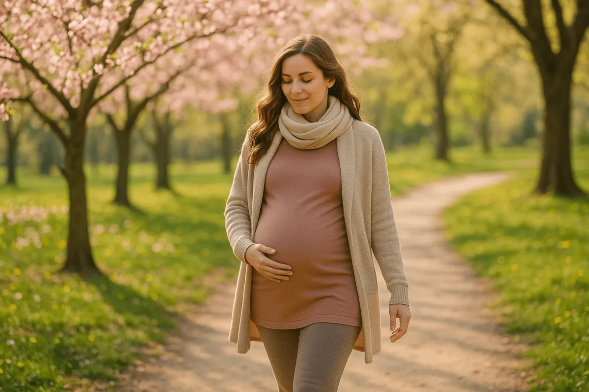 zwangere vrouw wandelend in lentepark in comfortabele kleding