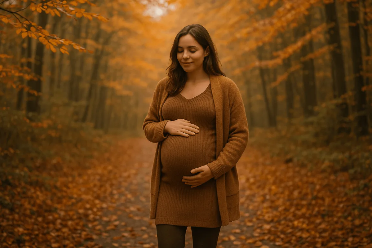 zwangere vrouw wandelt buiten in herfstbos september