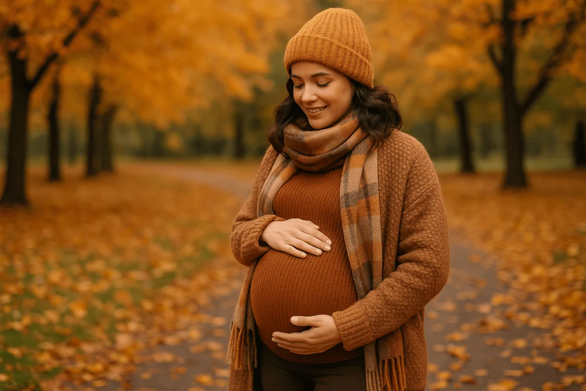 zwangere vrouw in warme herfstkleding buiten in park