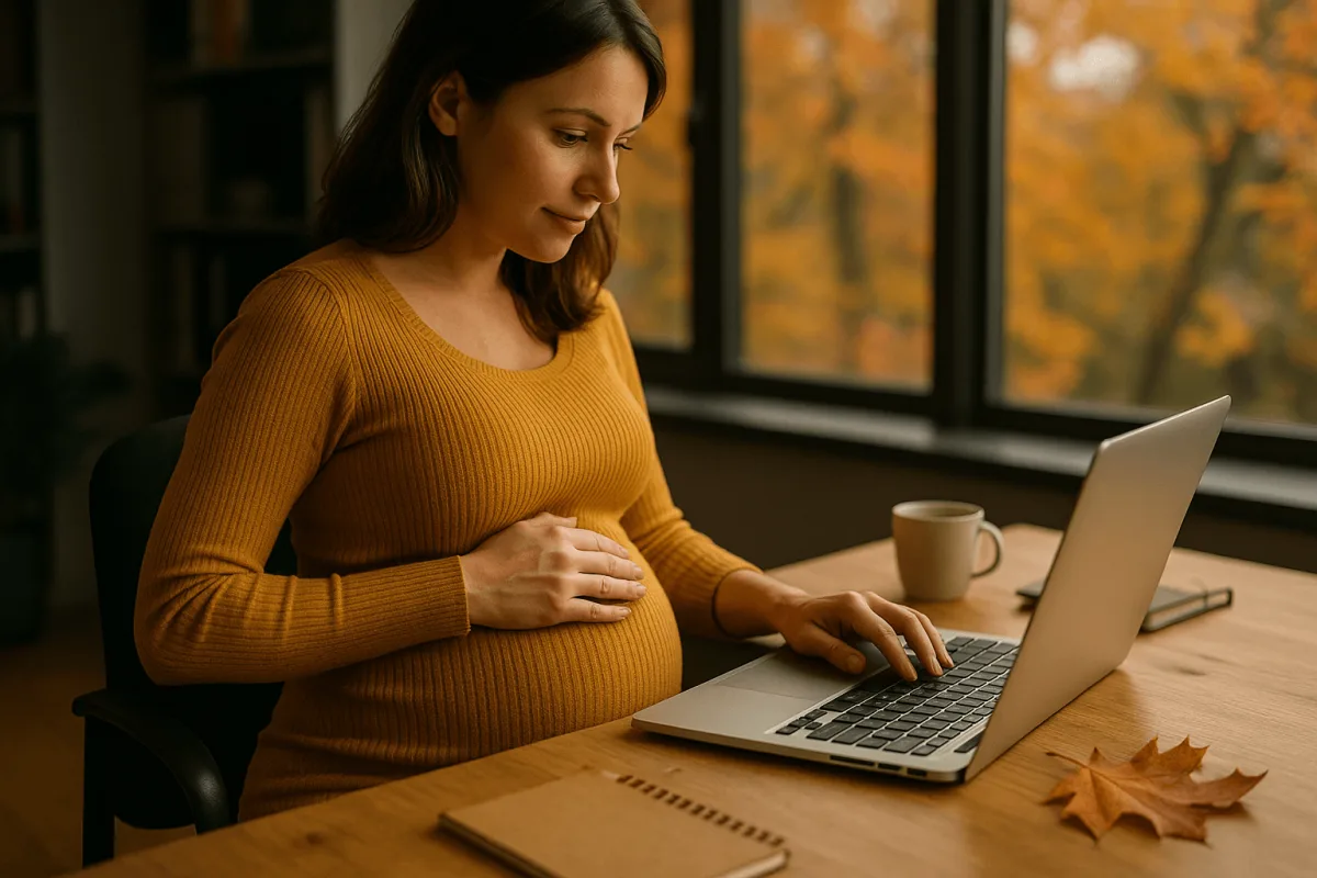zwangere vrouw op werk laptop september kantoor herfst