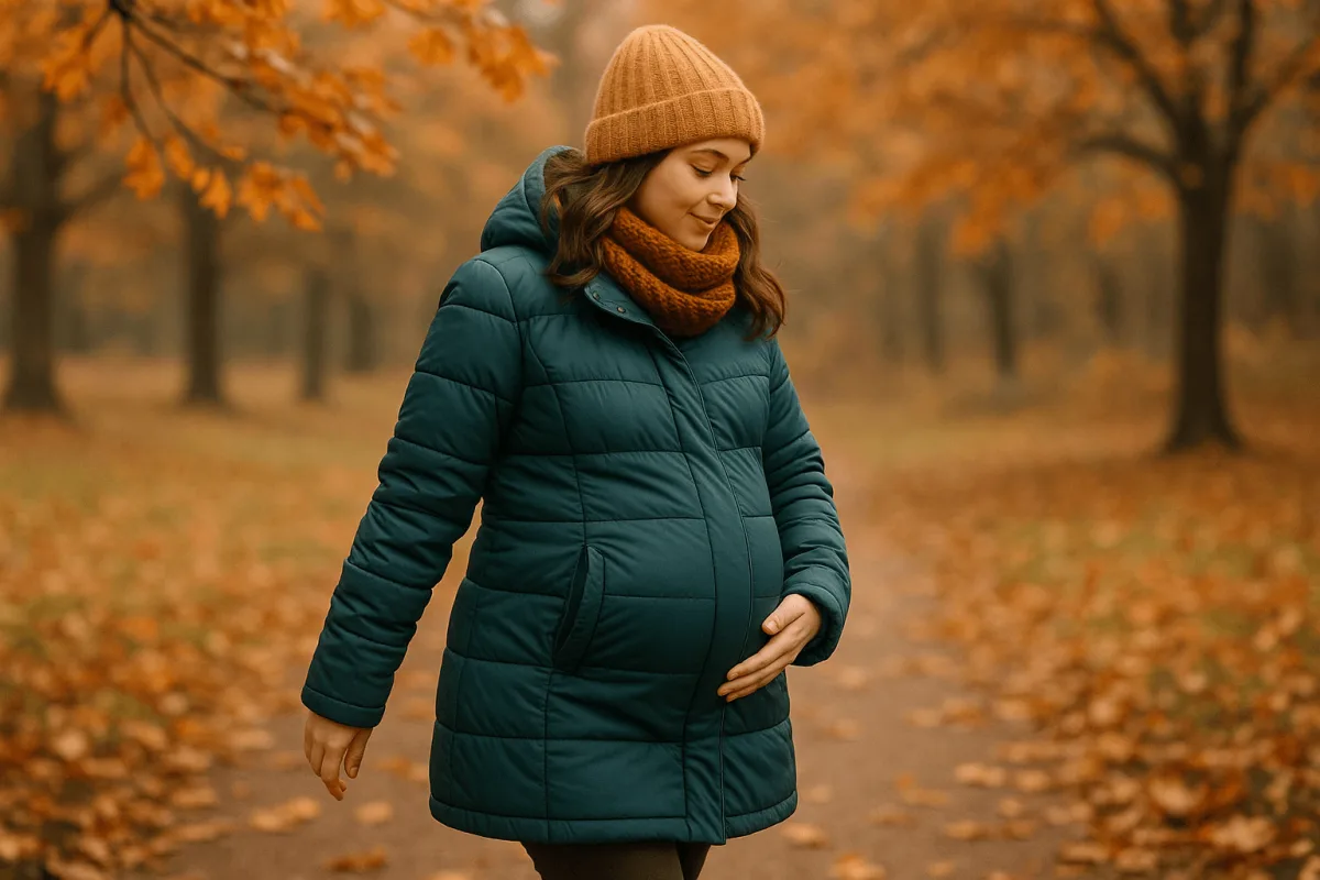 zwangere vrouw winterjas herfst buik zichtbaar buiten wandelen
