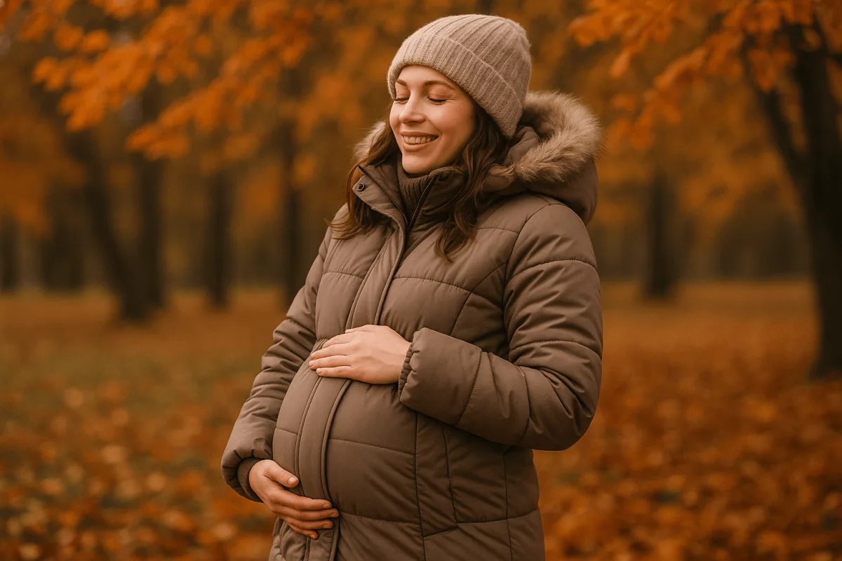 zwangere vrouw in zwangerschapswinterjas buiten herfstbladeren